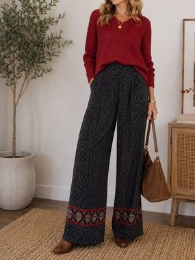Maurices Black Wide Leg Pants with Red & White Border Detail